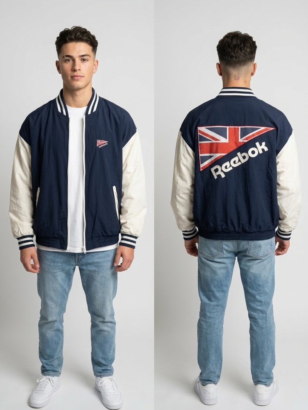 Reebok Y2K Men's Navy and Cream Varsity Jacket Vintage